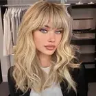 Blonde Wig with Bangs,Ombre Blonde Wavy Wigs for Women,Shoulder Length Curly ...