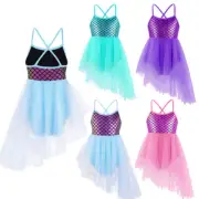 Kids Girls Dance Cami Dress Cross Straps Fish Scales Print Dance Leotard Mesh