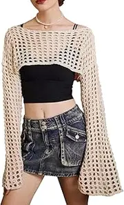 [SNOMYRS] Mesh Top Long Sleeve Y2k Crop Tops Crochet Shawl See Through Fishnet Shrug Knit Bolero Sweater Bikini Cover Ups
