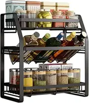 ROROUP Spice Rack Organizer, 3-Tier Large Foldable Metal Spice Storage Rack for Countertops with Shelf Liner, Seasoning Organizer Spice Shelf Kitchen Counter Storage for Kitchen Office (Black)