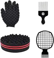 Magic Curl Sponge Set for Barber Hair Styling: Afro Twist Hair Brush, Metal Pick Comb, and Styling Combs (Black-A)