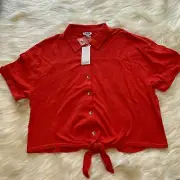 NWT Splendid Women's Size M Button Front Short Sleeve Tie Knot Cropped Top $108