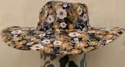 Anthropologie Corduroy Floral Print Bucket Hat Wide Brim Sun Boho Navy Mix New