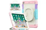 WASSUP iPad 6th/5th Gen Air 2/Pro 9.7 inch Rotatable Handle Ring Folding Stand Case with Screen Protector-RainbowPink