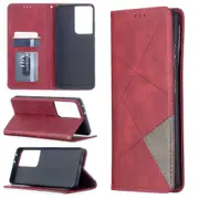 For Samsung Galaxy S21 Ultra Case Rhombus Texture Folio Magnetic PU Leather Wallet Cover, Kickstand, Red