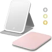 [Kintion] Travel Makeup Mirror, Portable LED Lighted Makeup Mirror, 360° Rotation Touch Screen Vanity Mirror, 60 LEDs, 3-Color Dimmable Lighting, Rechargeable Tabletop Folding Cosmetic Mirror, Pink