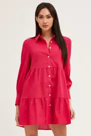 Pink Shirt Dress Long Sleeve Button Front - Size 12, Women's Skater Dress