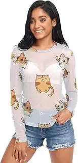 [RPLIFE] Cute Cartoon Cats White Mesh Top Long Sleeve, Printed Mesh Top S-XXL