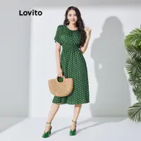 在飛比找蝦皮商城優惠-Lovito 女用休閒點點抽褶荷葉邊下擺連身裙 LBL071