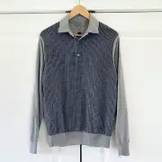 Canali Polo Sweater Long Sleeve Pullover Wool Gray Houndstooth Size 48 IT / US S