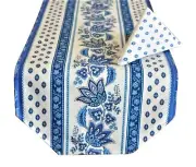 LE CLUNY, LISA WHITE & BLUE FRENCH PROVENCE REVERSIBLE COATED TABLE RUNNER, NEW