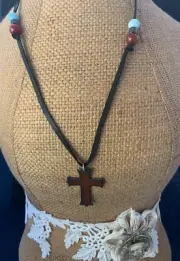 Hand made iron cross with carnelian and amazonite beads on leather adjustable