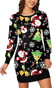 [BesserBay] Christmas Women's Party Dress Long Sleeve Crew Neck Funny Prints Christmas Mini Dress Santa XL, A8 Santa Claus, XL