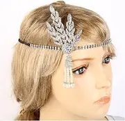 Feather Headband Style Great Gatsby Headband Hat Hair Cap Silver Ivory Daisy Vintage Flapper Accessories White Feather Headband (Size : Silver)
