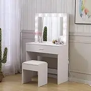 LEVEDE Vanity Desk with Mirror and Stool, Wooden Dressing Table Set with Drawer, 3 Colors LED Bulbs Makeup Table for Bedroom, Dressing Room (White)