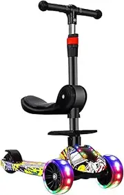 Children's Three-Wheeled Scooter PU Wheeled Scooter with LED Lights, Adjustable Handlebar Height, Suitable for Children Over 2 Years Old(Graffiti Street Dance Off-Road Flash Wheel + Seat)