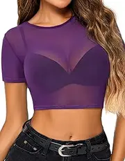 [ADOME] Women's Sheer Mesh See-Through Short Sleeve Crop Tops Casual T Shirt Tee Blouse