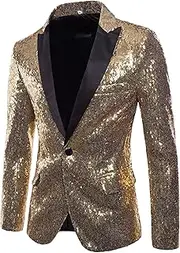 [SWJGLITTR] Men's Sequins Suit Jacket One Button Party Dinner Blazer Coats Shiny Sequin Tuxedo Sport Coat, Golden, XXL