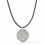 NEW FOSSIL SILVER TONE CRYSTALS DISC ,BROWN LEATHER CORD NECKLACE-JF01352