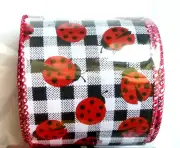 Lady Bugs 2.5" by 2 yards Buffalo Plaid Wired Ribbon Black White Checks Summer