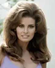 Raquel Welch with big 1960's hair showing off cleavage in purple dress Poster