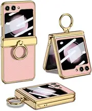 Magnetic Folding Leather Case for Samsung Galaxy Z Flip 5, All-Inclusive Phone Protective Cover for Flip5, Anti-Drop Shell with Electroplating Ring (Litchi Pink, for Flip 5)