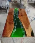 Green Epoxy River Table Top With Resin Handmade Walnut Wooden Table Decor