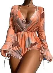 [Generic] Women's One Piece Swimsuit Cover up with Bikini Set 3 Piece Swimsuits Printed Halter Bikini Bathing Suit Beachwear