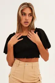 Black Shirred Top Volume Short Sleeve Crop Linen Blend - Size 14, Women's Crop Top