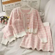 Set: Plaid Camisole Top + Light Cardigan + Mini Skirt Pink - One Size