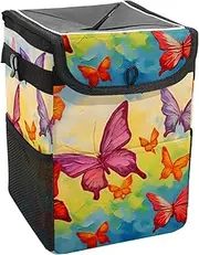 Car Trash Can with Lid and Storage Pockets Leak-Proof Organizer,Waterproof Garbage Can,Colorful Butterfly Watercolor Pattern