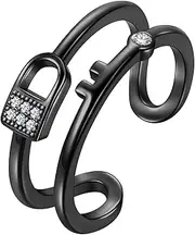 [beautlace] Lock Key Adjustable Rings Silver/Black Gun Plated Open Lock Key Ring for Couples Women and Men KR0114, Crystal, Cubic Zirconia