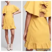 Anthropologie Moon River Linen Mustard Yellow Bow Back Dress Small