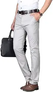 [Botong] Men's Slim Fit Comfort Casual Pants Wrinkle-Resistant Flat Front Suit Pants Grey 31W/32L