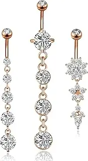 [DuBom] 3PCS 14G 316L Stainless Steel Belly Button Rings for Women Navel Rings Barbell Dangle Flower CZ Body Piercing