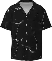 [YANYU] Black Marble Print Hawaiian Shirts Men Short Sleeve Button Down Cuban Collar Shirt Summer Beach Days
