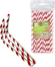 50 x Bendy Red and White Stripe Paper Drinking Straws Biodegradable Eco 8" (20cm) approx