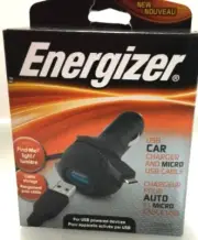 New Energizer USB Car Charger + Micro USB Cable & Find-Me Light + Cable Storage