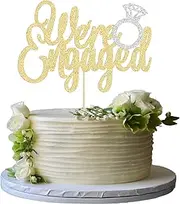 Gyufise 1Pc Gold We're Engaged Cake Topper with Ring Glitter Bridal Shower Cake Pick Decorations for Wedding Engagement Theme Party Cake Decorations