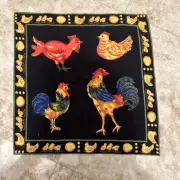 Vintage April Cornell 5 Piece Napkin Set. Rooster Chickens Black Red Yellow. New