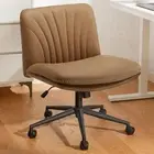 Armless-Office Desk Chair with Wheels: PU Leather Cross Legged Wide Brown