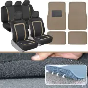 Interlocking Carpet Floor Mats & Full Front Rear Car Seat Cover Set Black/Beige (for: Mazda)