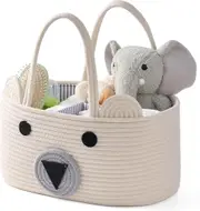 Baby Diaper Caddy Organizer with Removable Dividers and Sturdy Handles, Cute Bear Basket, Cotton Rope Baby Basket