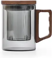 HFceram Glass Tea Cup with Infuser and Lid, 13.5 oz/400 ml,Black Borosilicate Glass Tea Mugs for Loose Leaf Tea, Wooden Handle Teacup, Ideal Gift