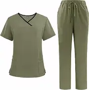 Meichoon Scrub Set Unisex Medical Uniform Set Polyester Breathable Quick Dry Anti Pilling Workwear with 4 Pocket Top Stretch Pants DK51