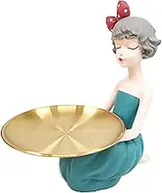 Generic Modern Girl Resin Sculpture Holding Storage Tray Collectible Sculptures Photo for Candy Wedding Living Room Home Decoration Table, Blue