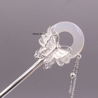Pure S925 Sterling Silver Hairpin Chalcedony Butterfly Circle Peace Hair Stick