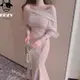 牛奶少女[氣質出眾]韓國chic夏季新款優雅性感露肩收腰中長款洋裝洋裝女顯瘦包臀魚尾裙