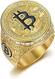 [MayiaHey] Bitcoin Sign Ring, Bling Money Sign Ring for Men, Gold Bit Coin Symbol Ring Iced Out Bitcoin Jewelry, Gold Money Luck Sign Ring Rock Money Symbol Ring Punk Initial Letter Ring for Boys