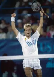 Stefan Edberg of Sweden celebrates after defeating Pete Sampras US- Old Photo
